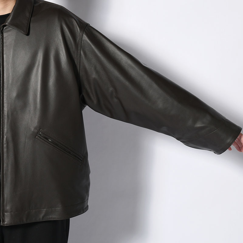 LAMBSKIN LEATHER SHORT JACKET -BROWN-