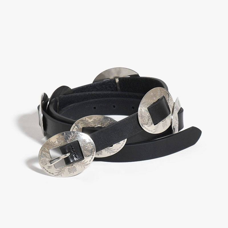 WESTERN OVAL BUCKLE CONCHO LONG BELT -COW HIDE- -BLACK-