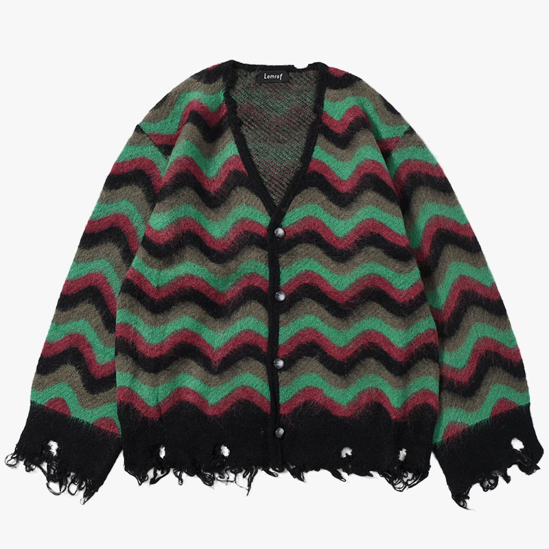 WAVE MOHAIR CARDIGAN -GREEN×BLACK-