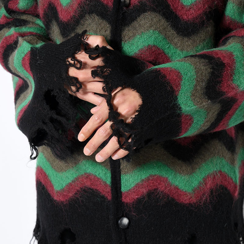WAVE MOHAIR CARDIGAN -GREEN×BLACK-