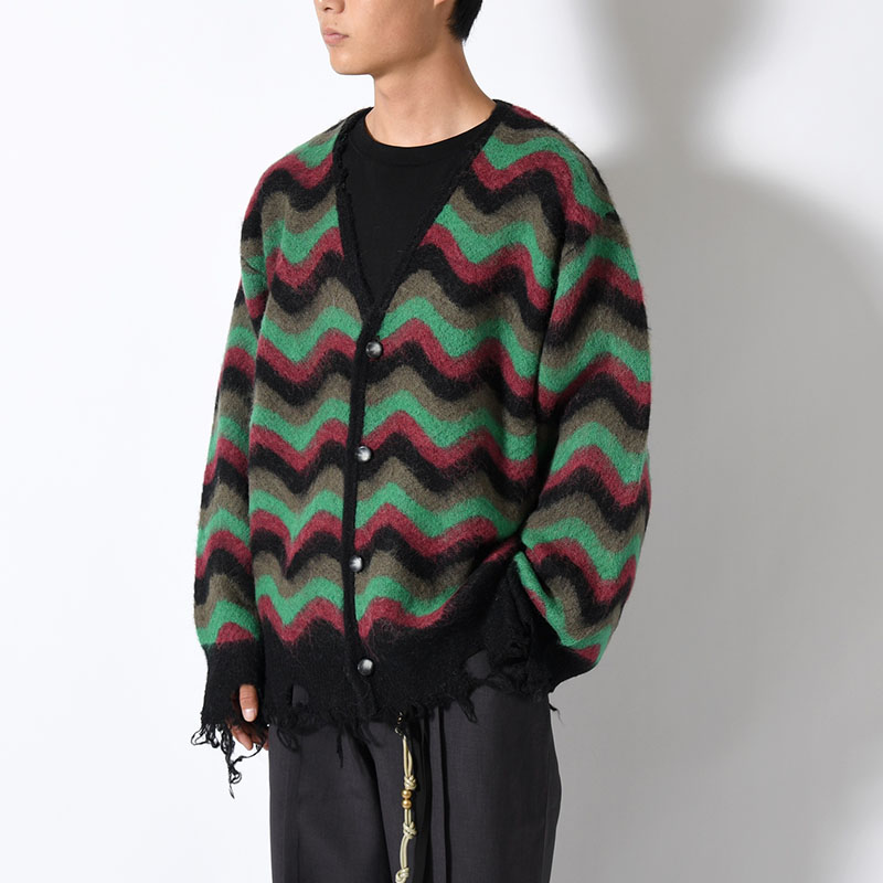 WAVE MOHAIR CARDIGAN -GREEN×BLACK-