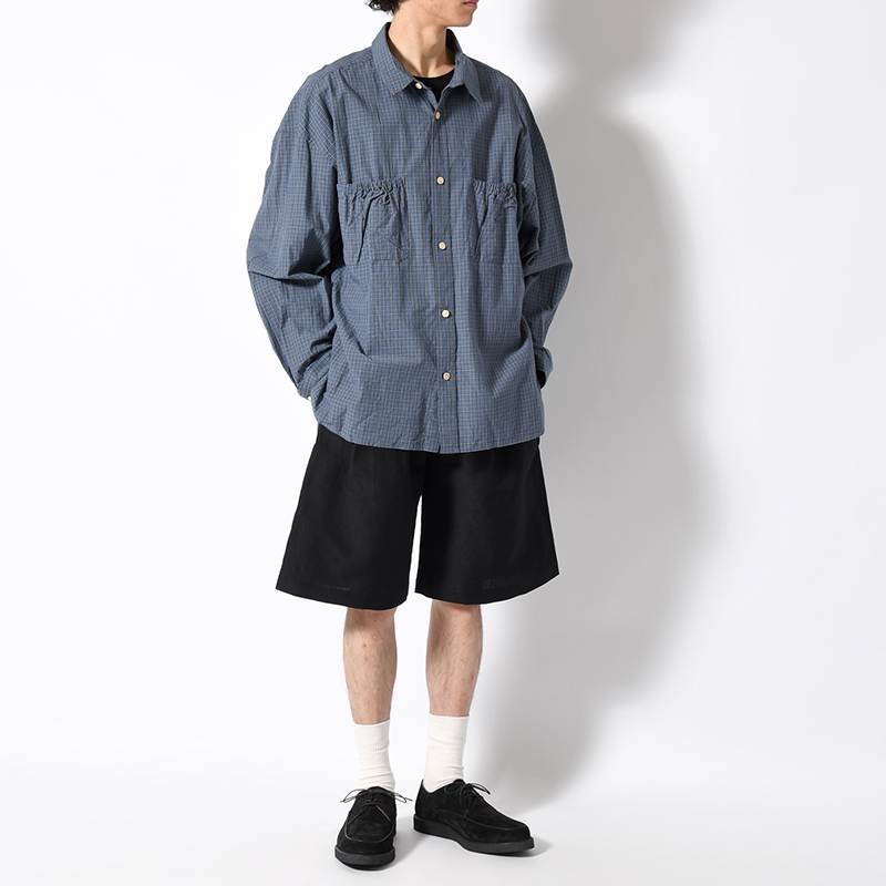 WOOL LINEN TUCKED HALF PANTS -BLACK-