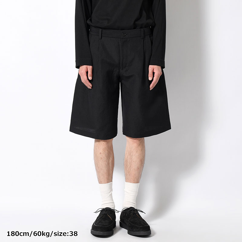 WOOL LINEN TUCKED HALF PANTS -BLACK-