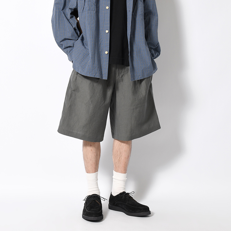WOOL LINEN TUCKED HALF PANTS -GRAY-