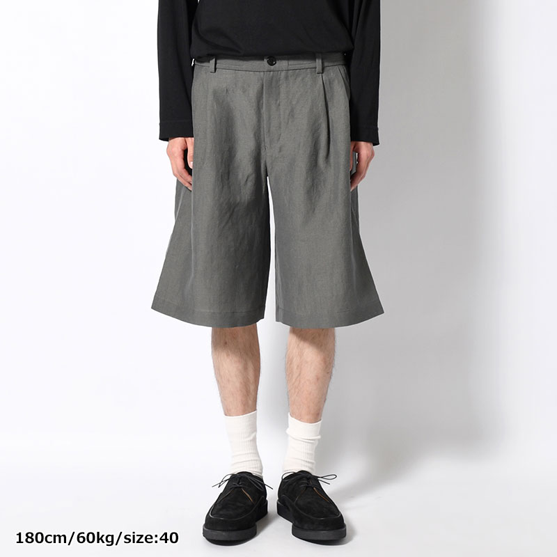 WOOL LINEN TUCKED HALF PANTS -GRAY-