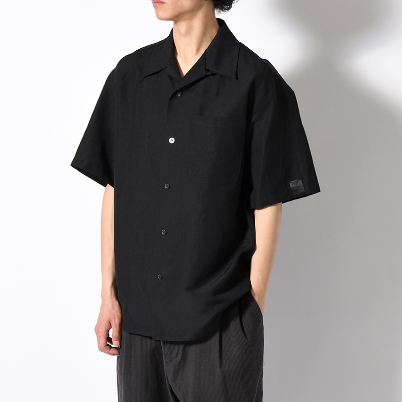 WOOL LINEN HALF SLEEVE BIG SHIRT -BLACK-