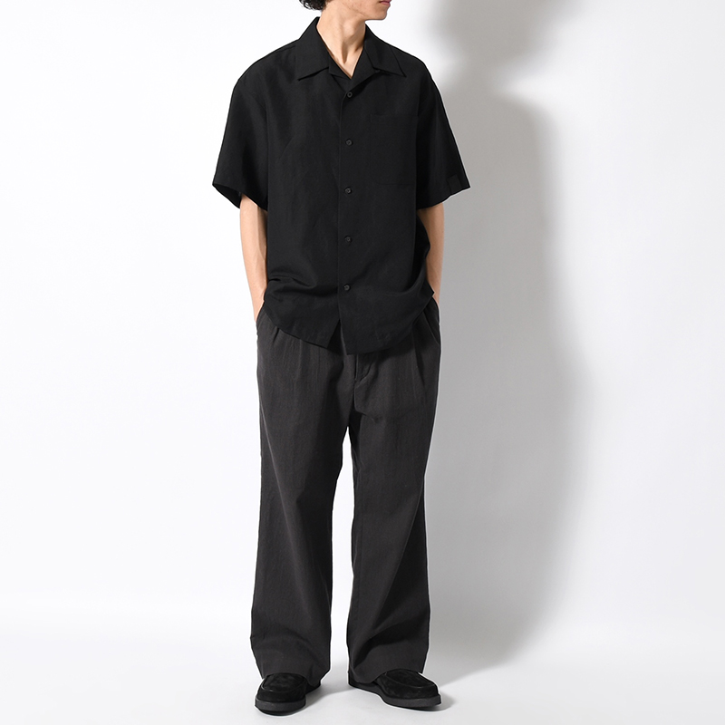 WOOL LINEN HALF SLEEVE BIG SHIRT -BLACK-
