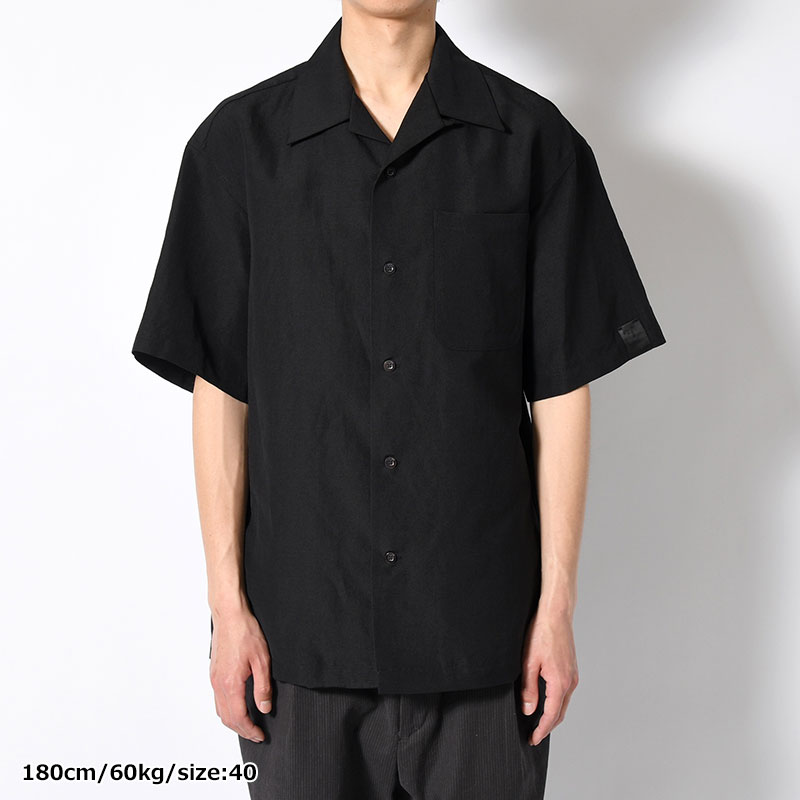 WOOL LINEN HALF SLEEVE BIG SHIRT -BLACK-