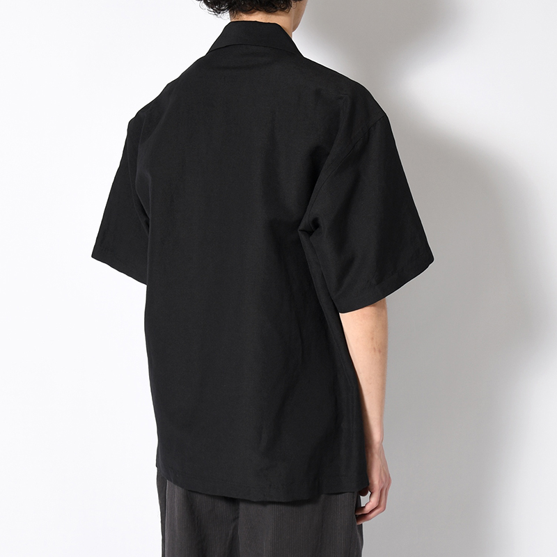 WOOL LINEN HALF SLEEVE BIG SHIRT -BLACK-