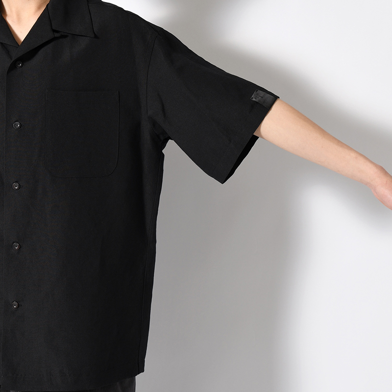 WOOL LINEN HALF SLEEVE BIG SHIRT -BLACK-