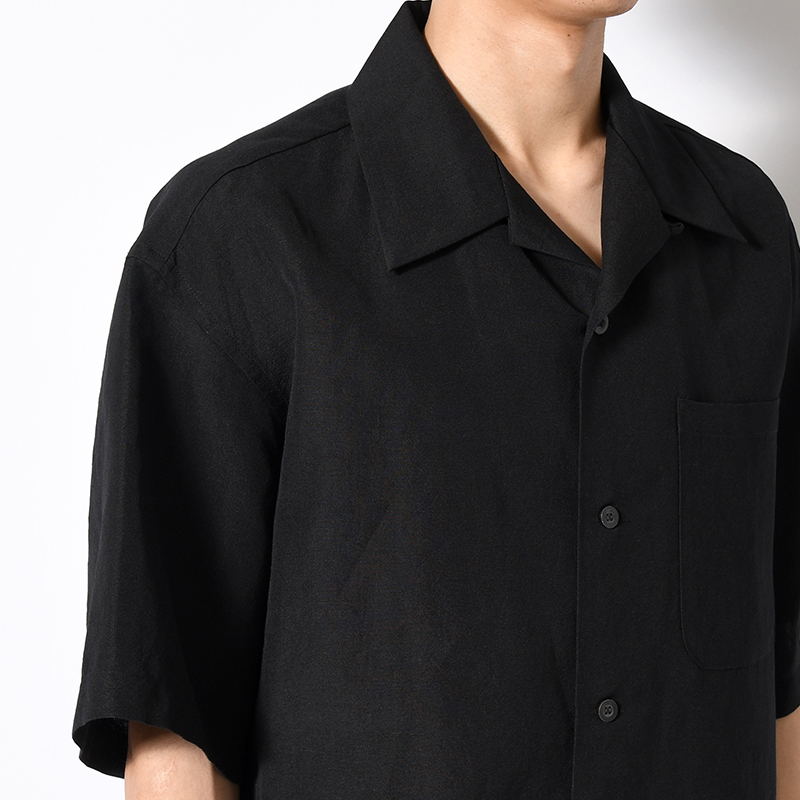 WOOL LINEN HALF SLEEVE BIG SHIRT -BLACK-