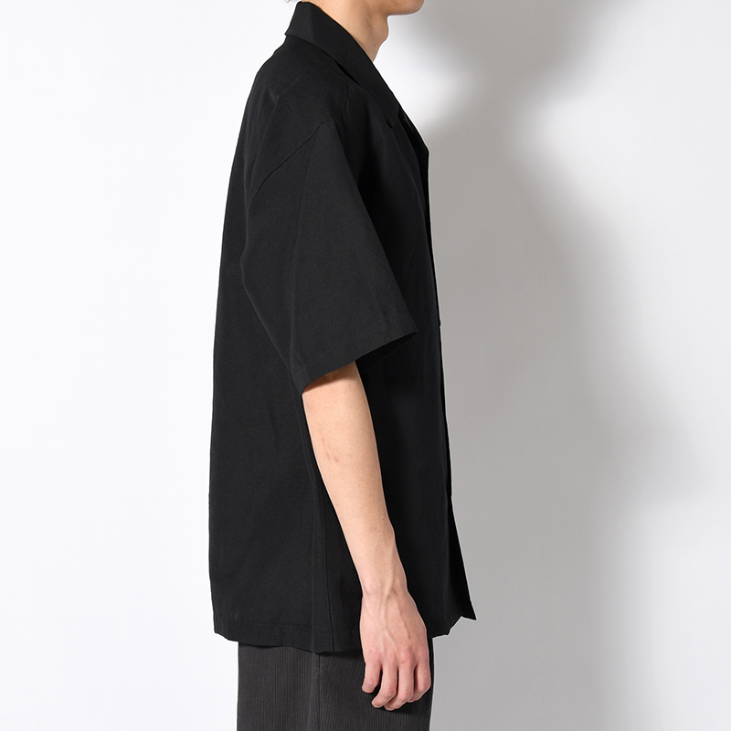 WOOL LINEN HALF SLEEVE BIG SHIRT -BLACK-