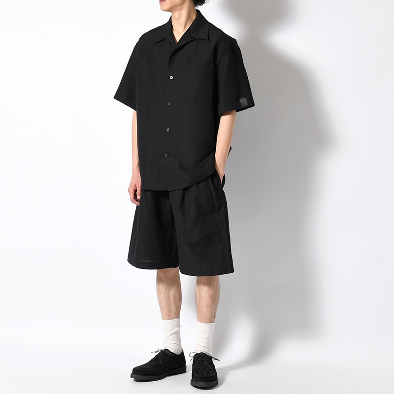 WOOL LINEN HALF SLEEVE BIG SHIRT -BLACK-