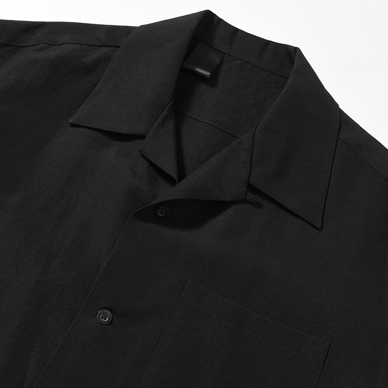 WOOL LINEN HALF SLEEVE BIG SHIRT -BLACK-