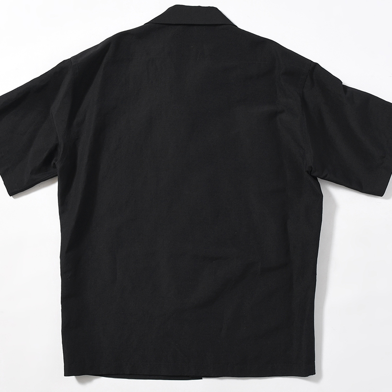 WOOL LINEN HALF SLEEVE BIG SHIRT -BLACK-