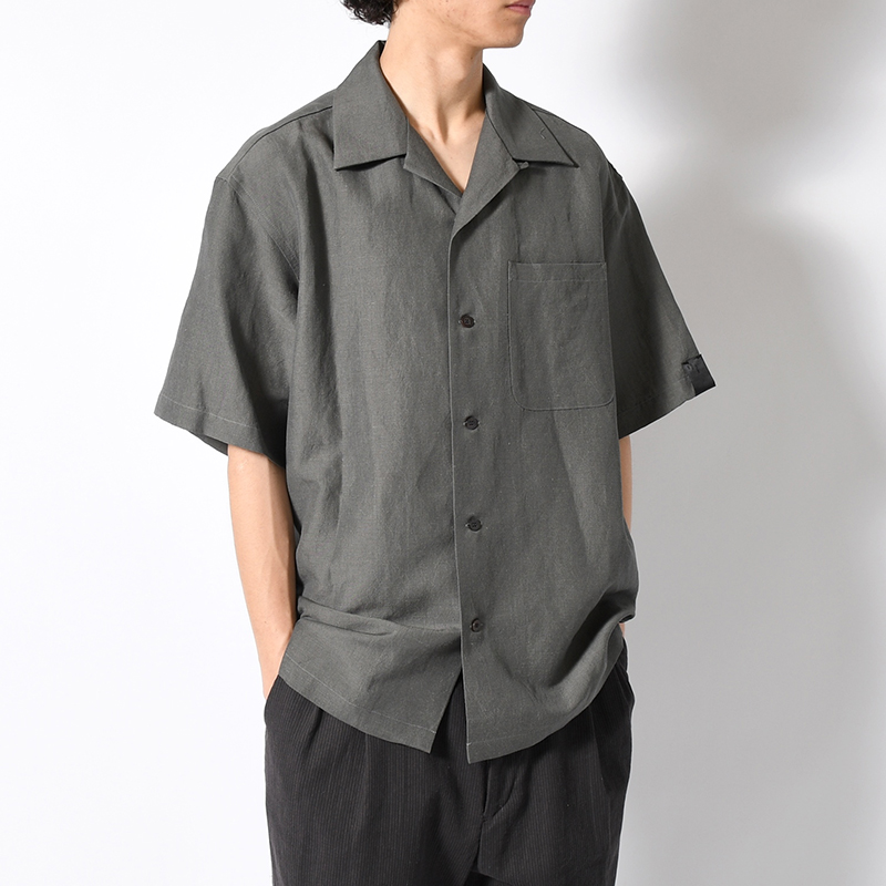 WOOL LINEN HALF SLEEVE BIG SHIRT -GRAY-