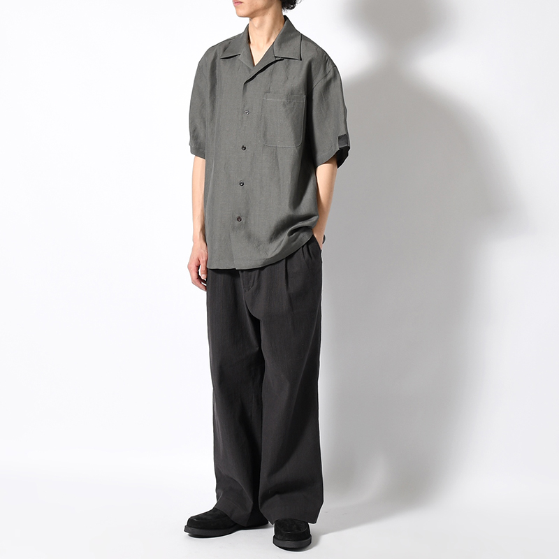 WOOL LINEN HALF SLEEVE BIG SHIRT -GRAY-