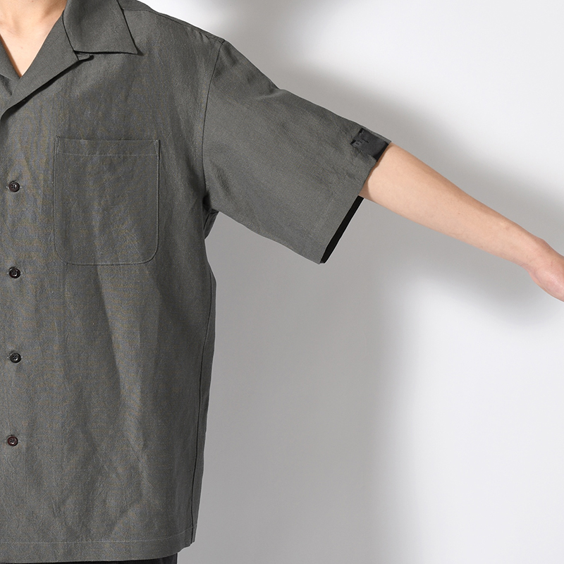 WOOL LINEN HALF SLEEVE BIG SHIRT -GRAY-