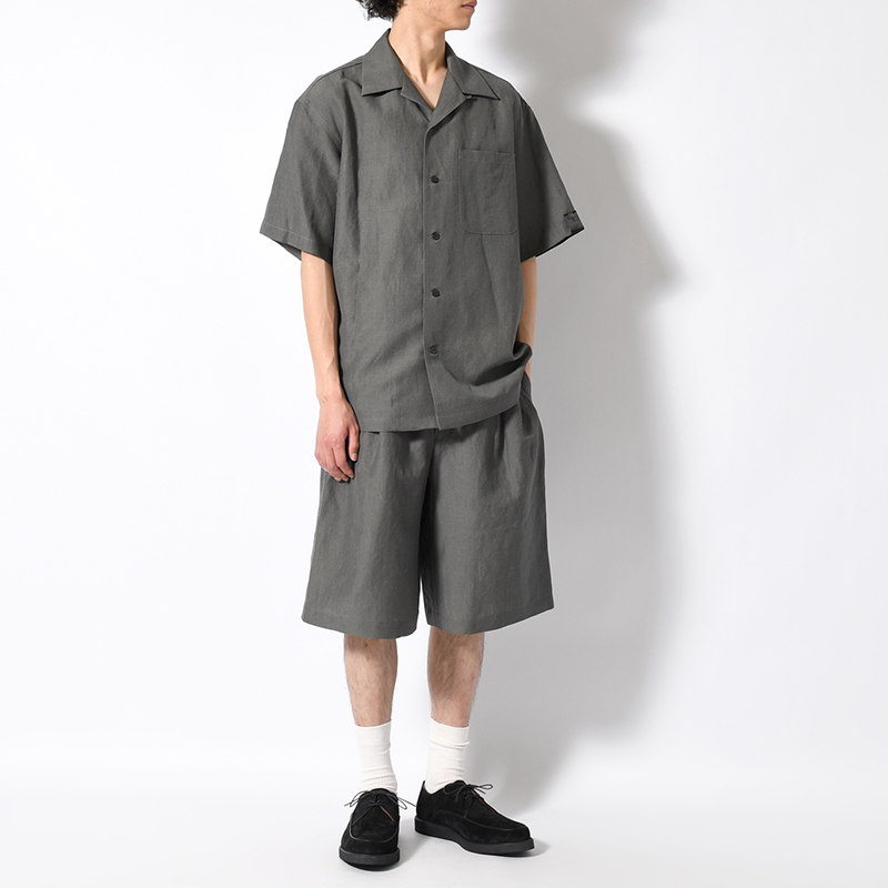 WOOL LINEN HALF SLEEVE BIG SHIRT -GRAY-