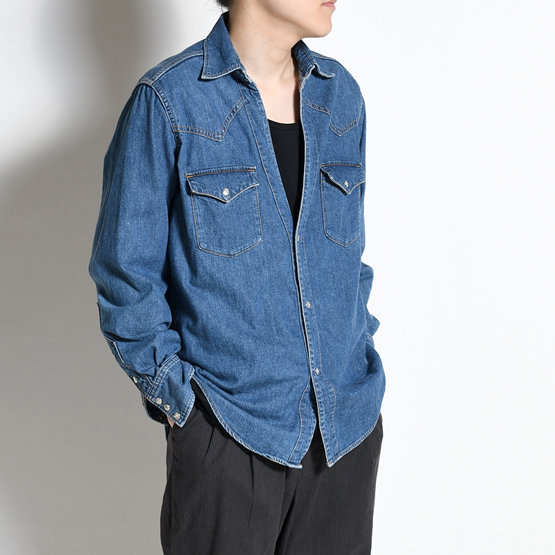 CUTTING WESTERN SHIRT -USED WASHED DENIM- -INDIGO-