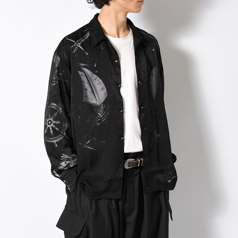 OPEN COLLAR L/S BURN OUT SHIRT "GIOVANNI" -BLACK-