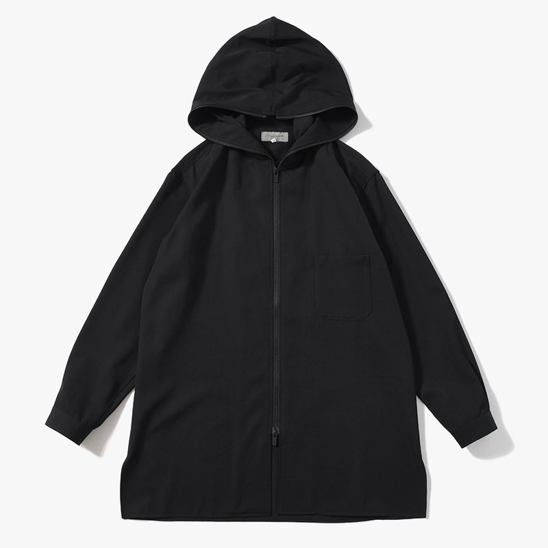 WOOL GABARDINE ZIPUP HOODED BLOUSE -BLACK-