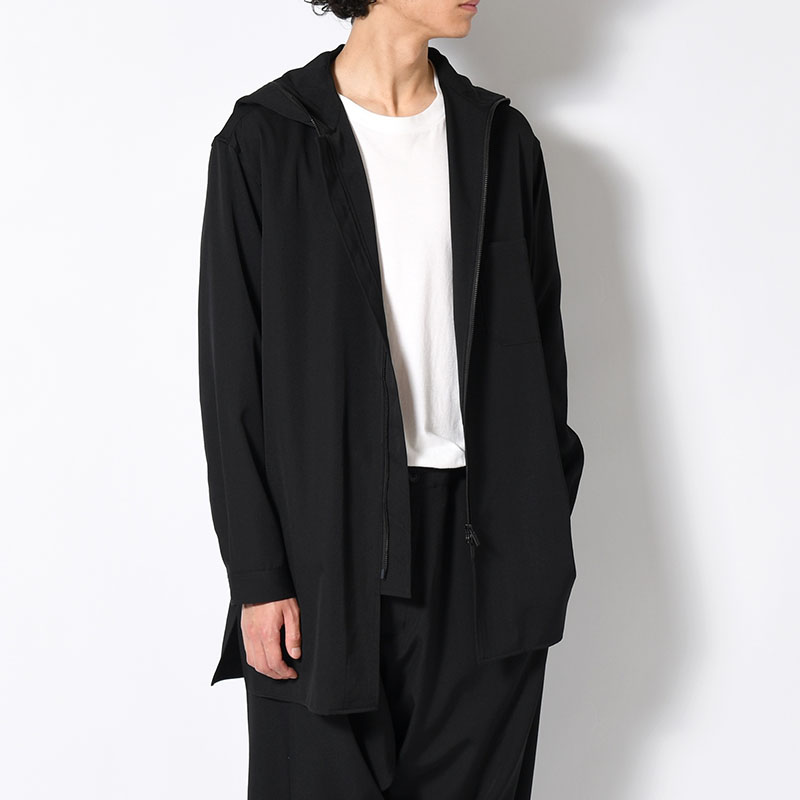 WOOL GABARDINE ZIPUP HOODED BLOUSE -BLACK-
