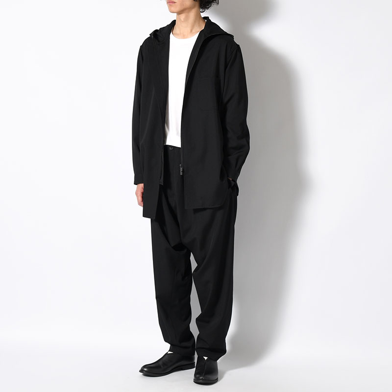 WOOL GABARDINE ZIPUP HOODED BLOUSE -BLACK-