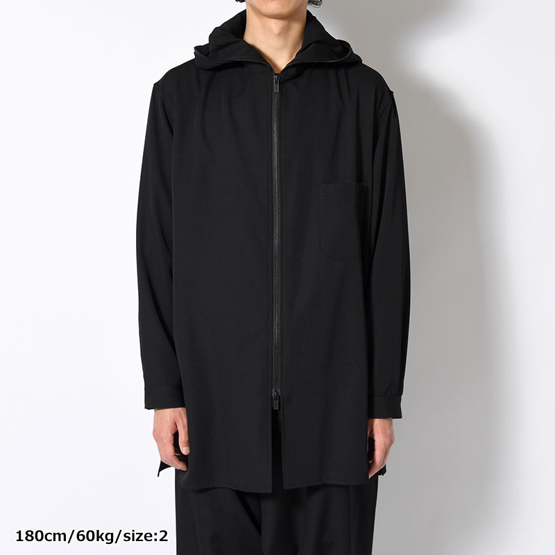 WOOL GABARDINE ZIPUP HOODED BLOUSE -BLACK-