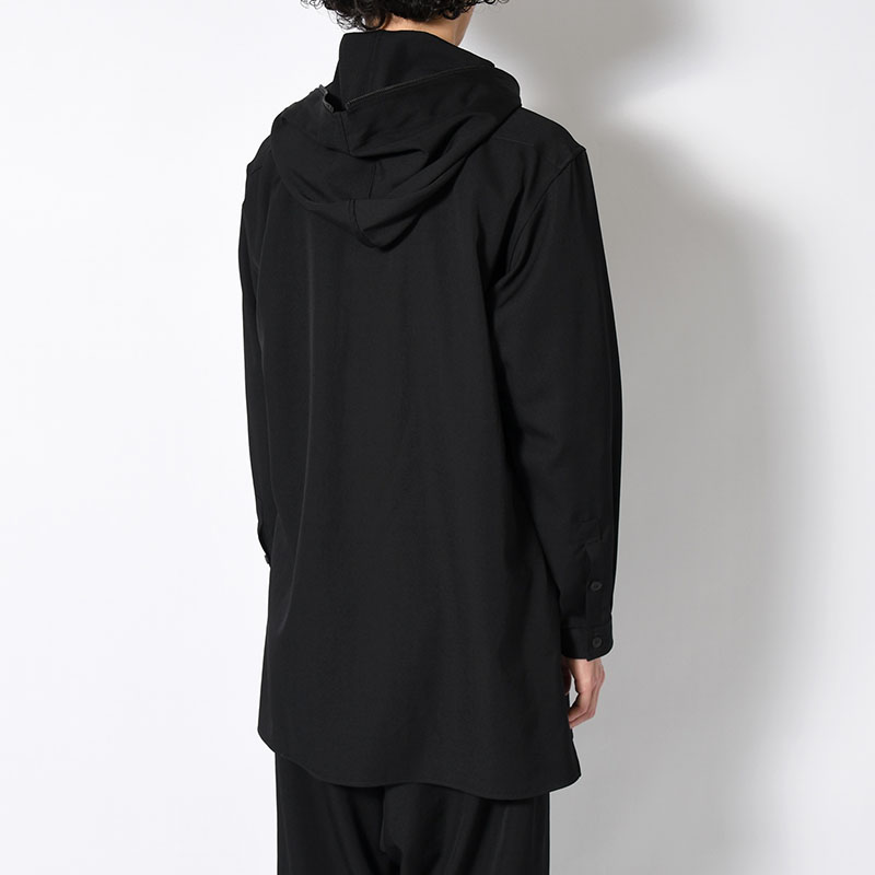 WOOL GABARDINE ZIPUP HOODED BLOUSE -BLACK-