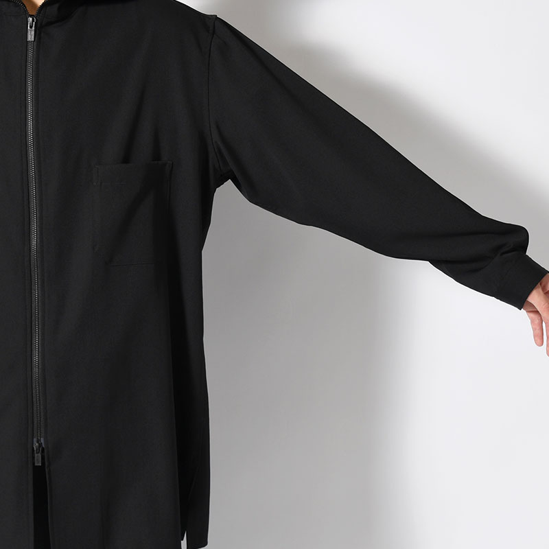 WOOL GABARDINE ZIPUP HOODED BLOUSE -BLACK-