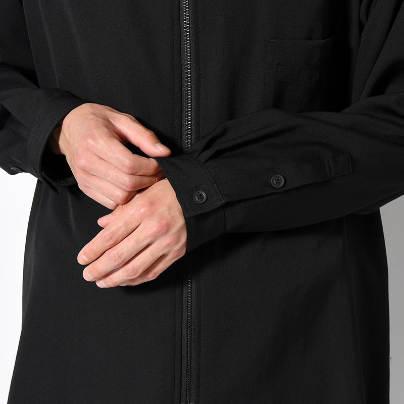 WOOL GABARDINE ZIPUP HOODED BLOUSE -BLACK-
