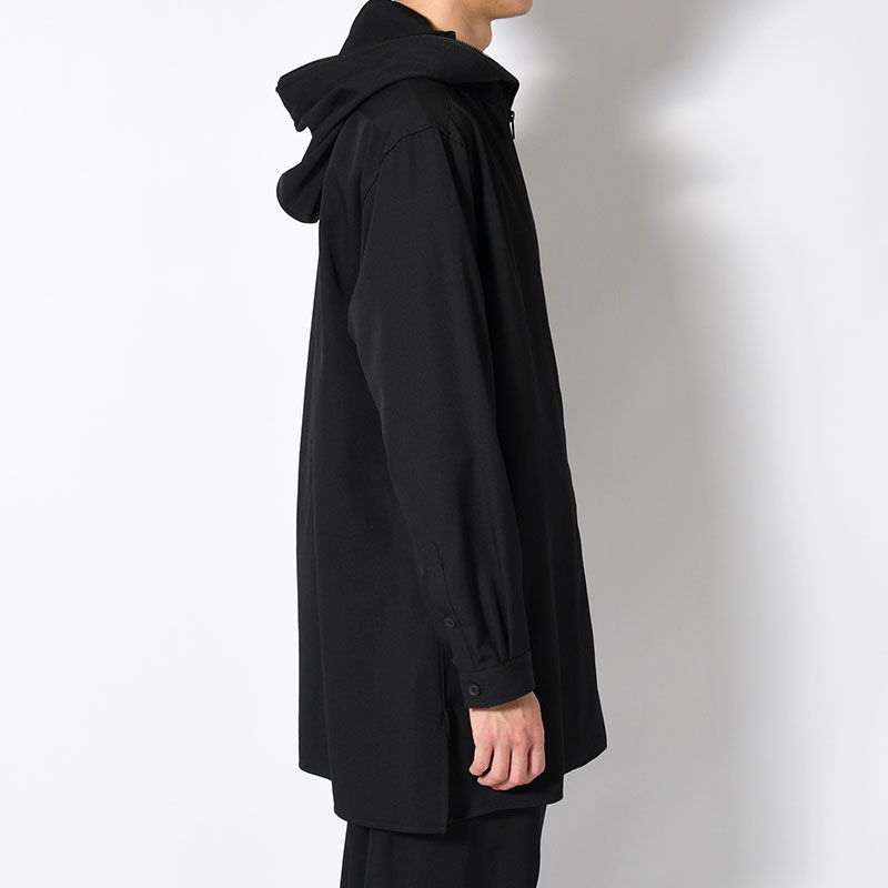 WOOL GABARDINE ZIPUP HOODED BLOUSE -BLACK-