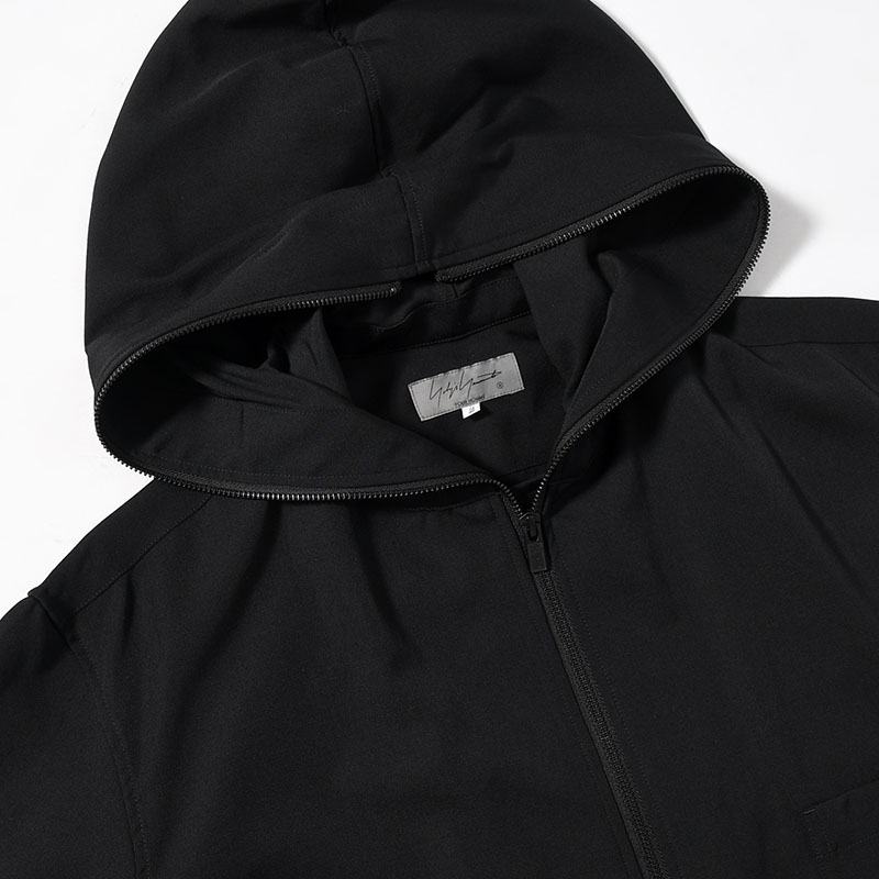 WOOL GABARDINE ZIPUP HOODED BLOUSE -BLACK-