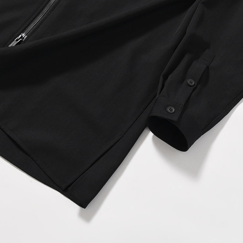 WOOL GABARDINE ZIPUP HOODED BLOUSE -BLACK-