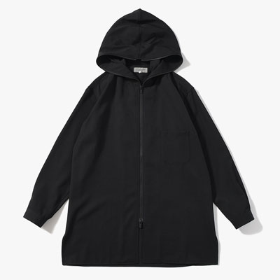 WOOL GABARDINE ZIPUP HOODED BLOUSE -BLACK-