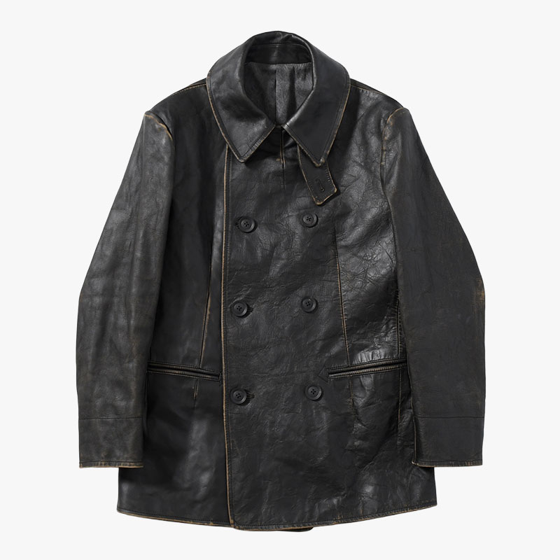 JAPAN HORSE LEATHER CLAP DOUBLE FRONT COLLAR COAT -BLACK-
