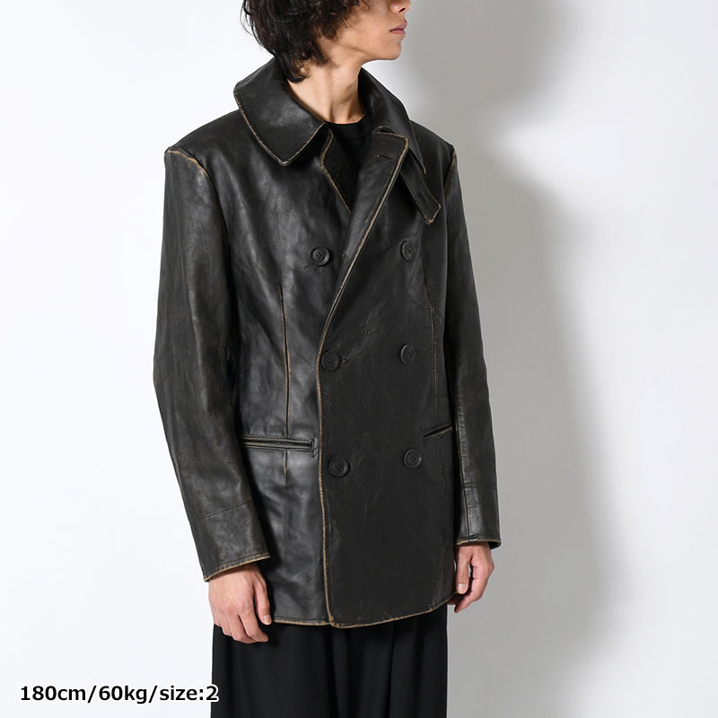 JAPAN HORSE LEATHER CLAP DOUBLE FRONT COLLAR COAT -BLACK-
