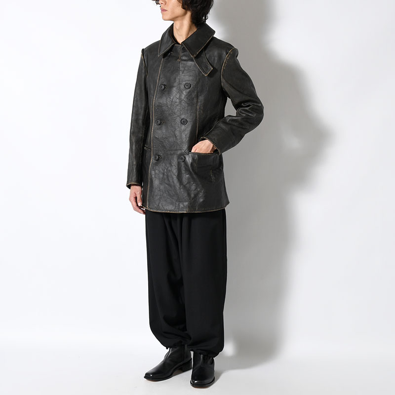 JAPAN HORSE LEATHER CLAP DOUBLE FRONT COLLAR COAT -BLACK-