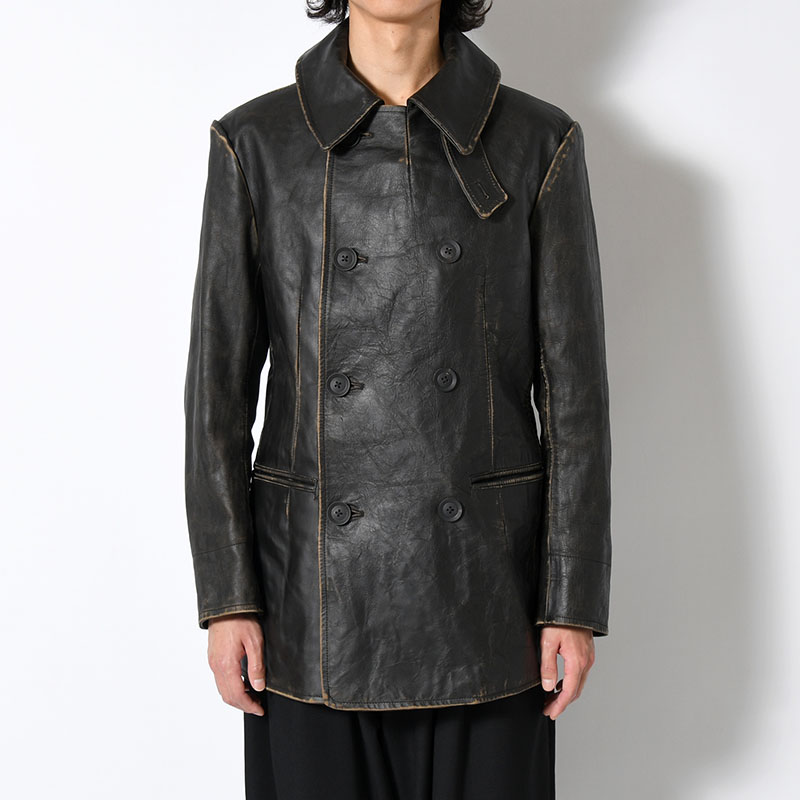 JAPAN HORSE LEATHER CLAP DOUBLE FRONT COLLAR COAT -BLACK-