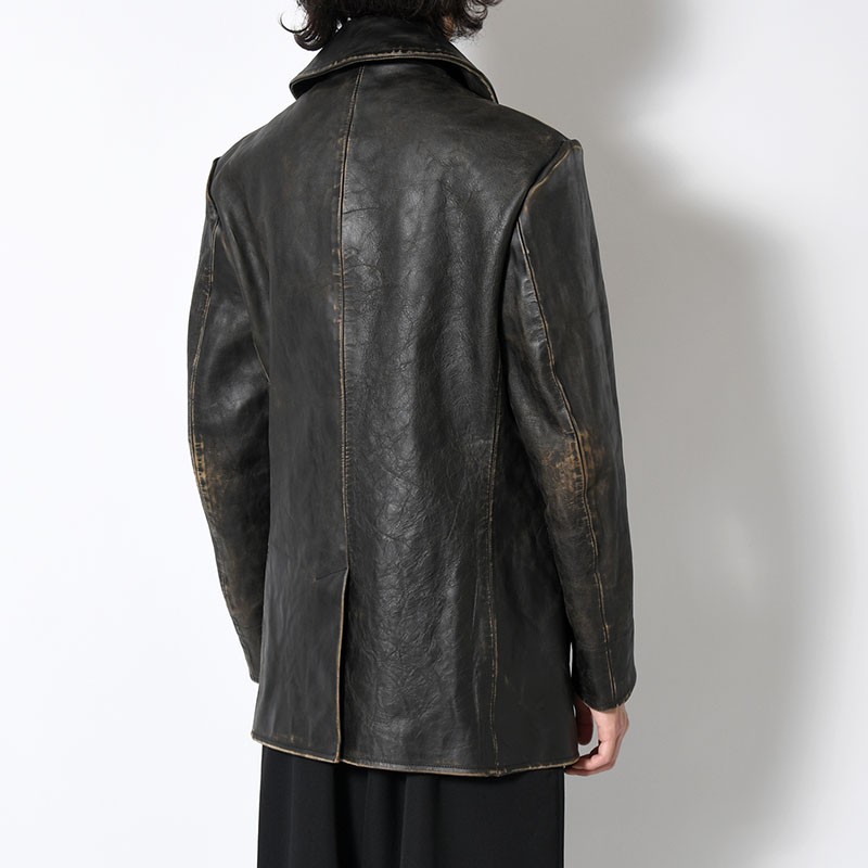 JAPAN HORSE LEATHER CLAP DOUBLE FRONT COLLAR COAT -BLACK-