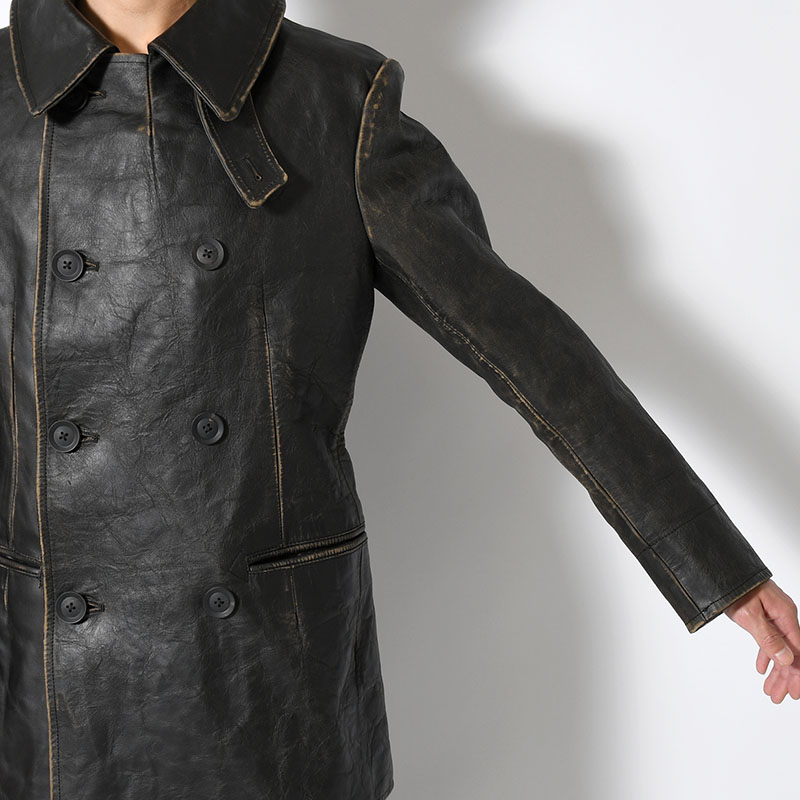 JAPAN HORSE LEATHER CLAP DOUBLE FRONT COLLAR COAT -BLACK-