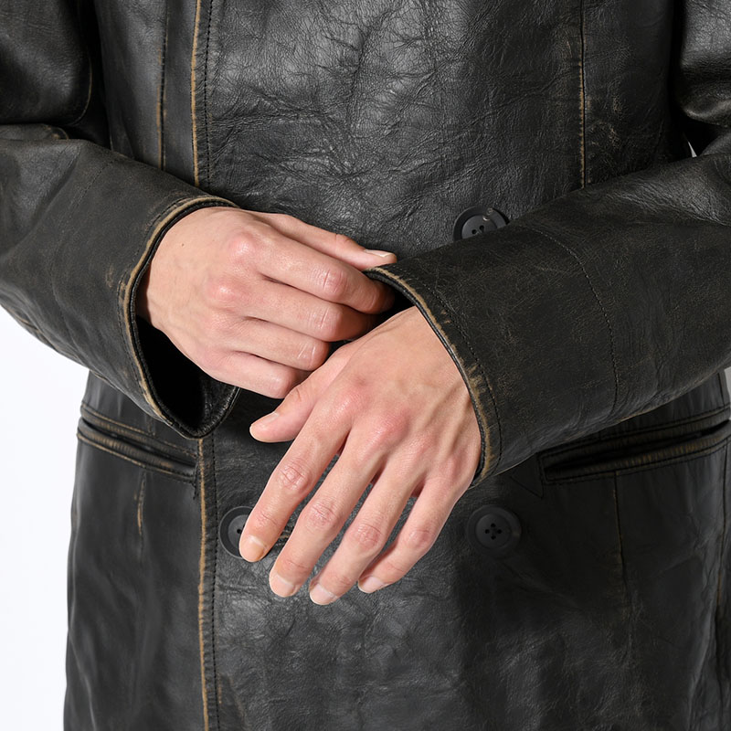JAPAN HORSE LEATHER CLAP DOUBLE FRONT COLLAR COAT -BLACK-