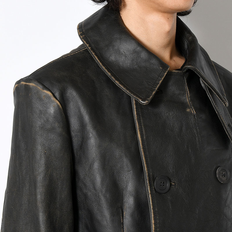 JAPAN HORSE LEATHER CLAP DOUBLE FRONT COLLAR COAT -BLACK-