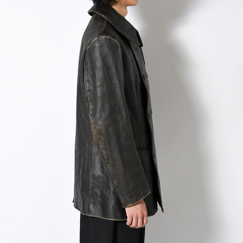 JAPAN HORSE LEATHER CLAP DOUBLE FRONT COLLAR COAT -BLACK-