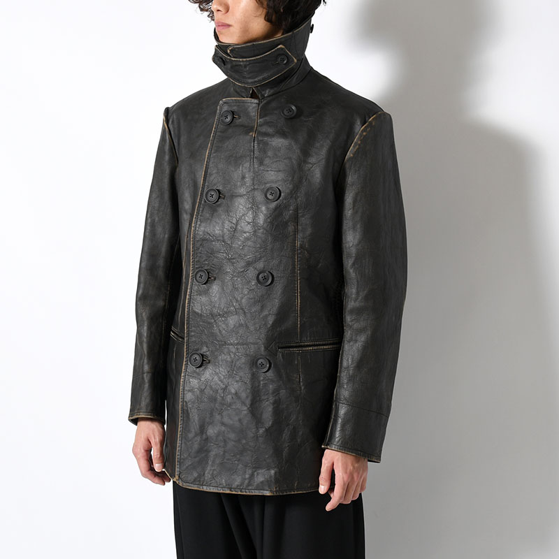 JAPAN HORSE LEATHER CLAP DOUBLE FRONT COLLAR COAT -BLACK-