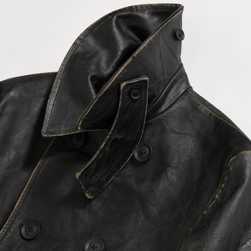 JAPAN HORSE LEATHER CLAP DOUBLE FRONT COLLAR COAT -BLACK-