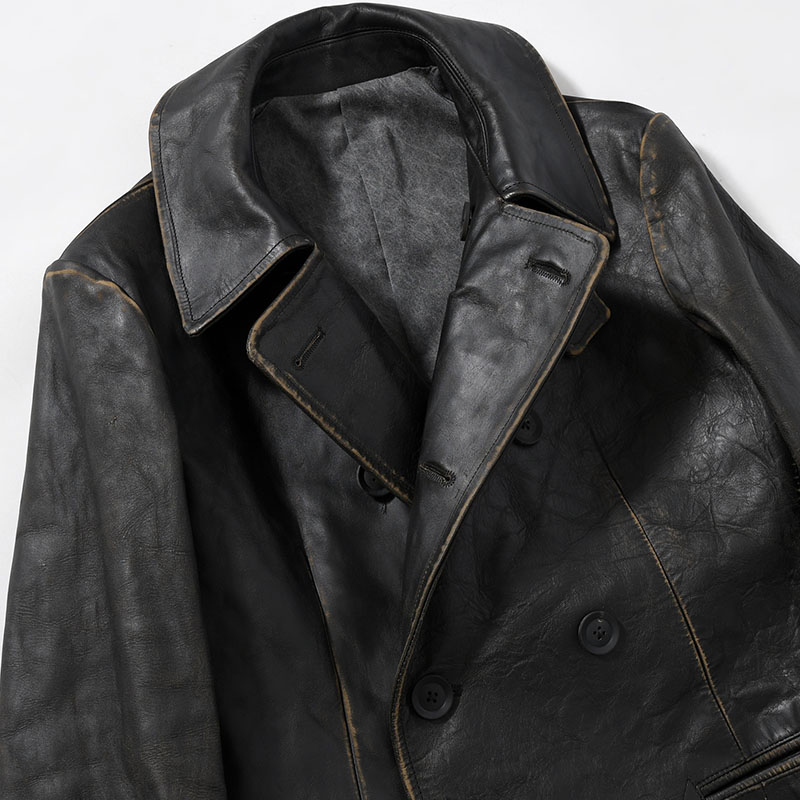 JAPAN HORSE LEATHER CLAP DOUBLE FRONT COLLAR COAT -BLACK-