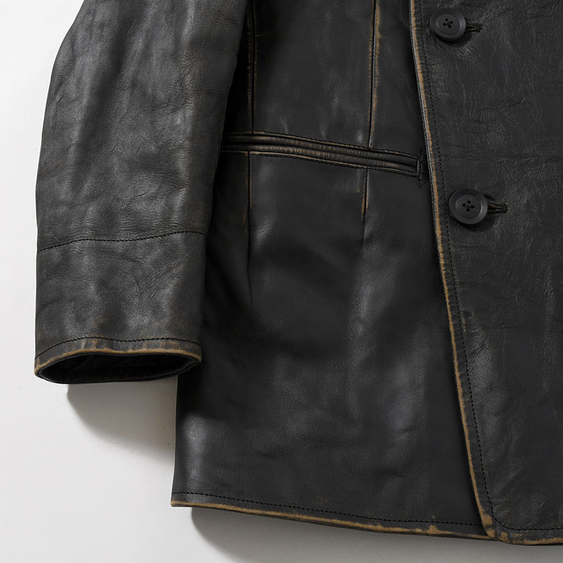 JAPAN HORSE LEATHER CLAP DOUBLE FRONT COLLAR COAT -BLACK-