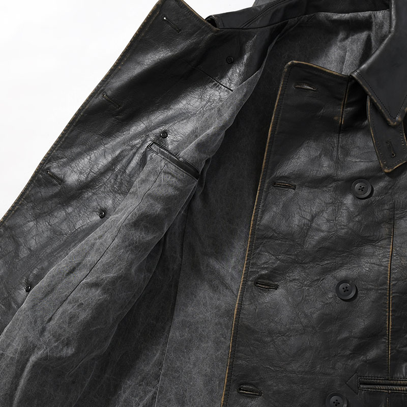 JAPAN HORSE LEATHER CLAP DOUBLE FRONT COLLAR COAT -BLACK-